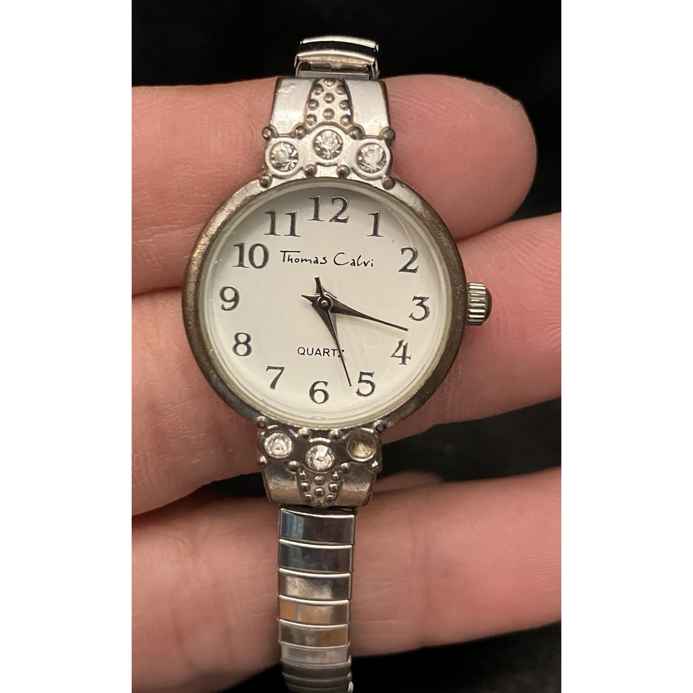Thomas Calvi Quartz Crystal Rhinestone Bezel VTG Women’s Watch Silver Tone Works
